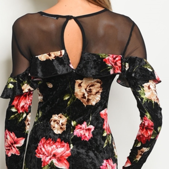 3 LEFT! VELVET FLORAL BODYCON MESH DRESS! - Picture 2 of 5